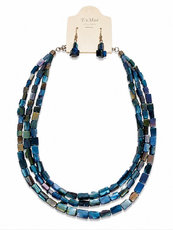Es Mor Jewelry - Vtg ES MOR 1980s Denim Blue Shell Beaded Necklace and Earring Set